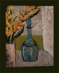 Blue Decanter with Yellow Blossoms - Oil Paintings - Art - Ethel Sussman Art Gallery